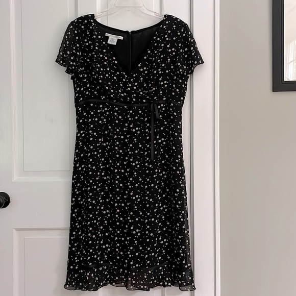 MAGGIE LONDON - Woman’s 100% Silk Black/Tan Polkadot MIDI Dress size 12 - Picture 1 of 8